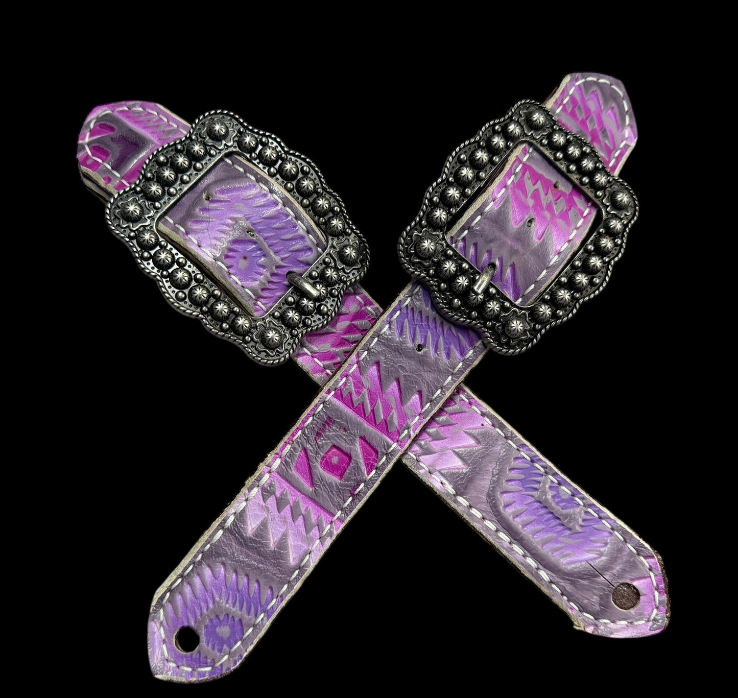 Light pink and purple Aztec on chocolate leather