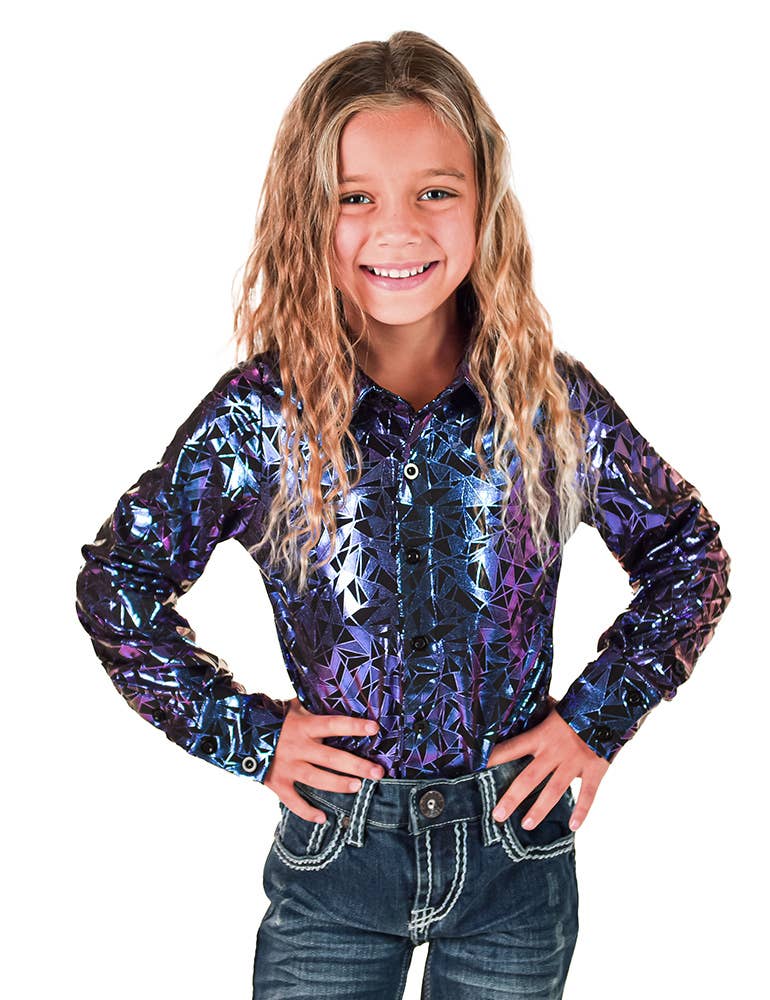 Girls Purple & Teal Iridescent Metallic Stretch Lightweight  Pullover Button Up