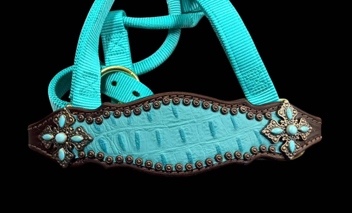 Turquoise gator on dark leather