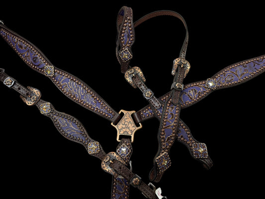 Purple and brown cowboy tool on chocolate leather