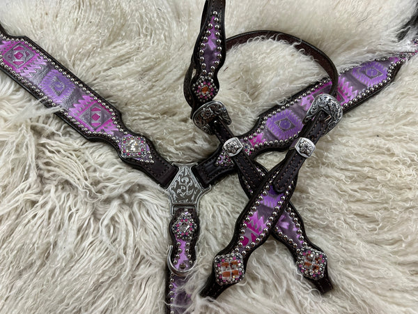 Light pink and purple Aztec on chocolate leather