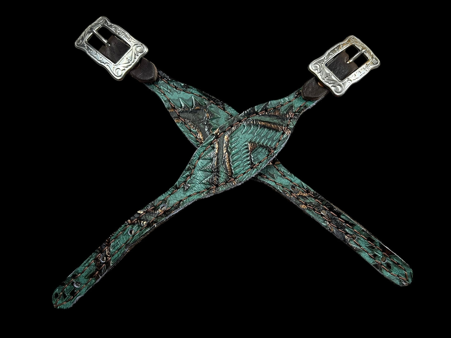 Teal and brown aztec on dark leather