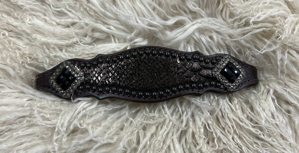 Black angora on dark leather – Mandy's Custom Tack