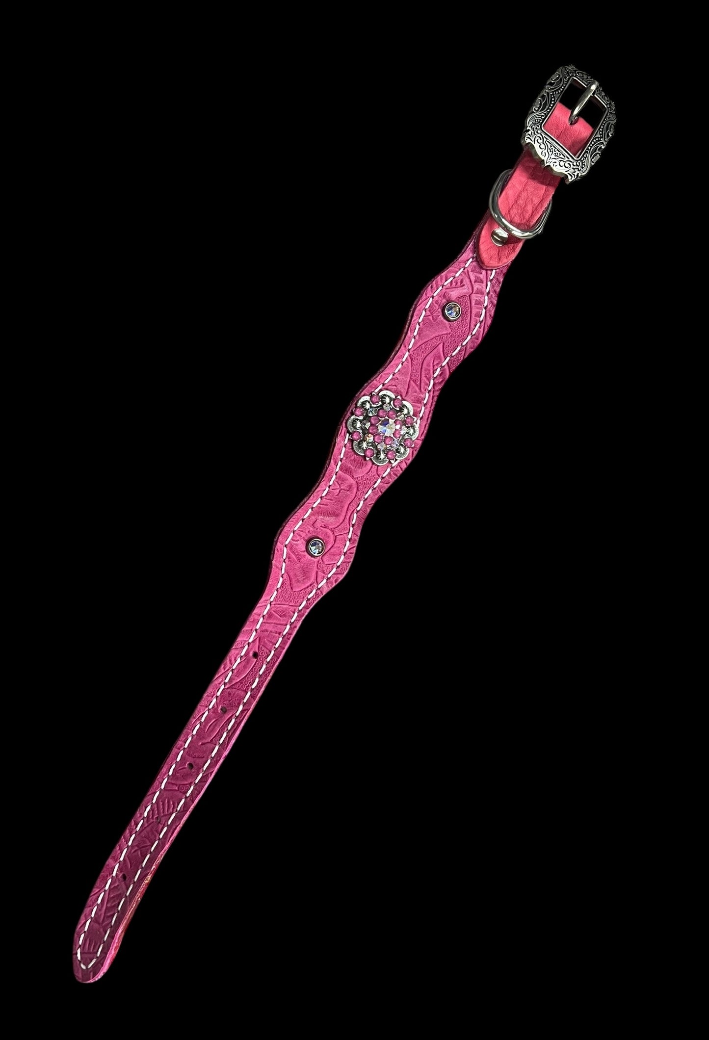 Pink Dallas Floral on walnut leather