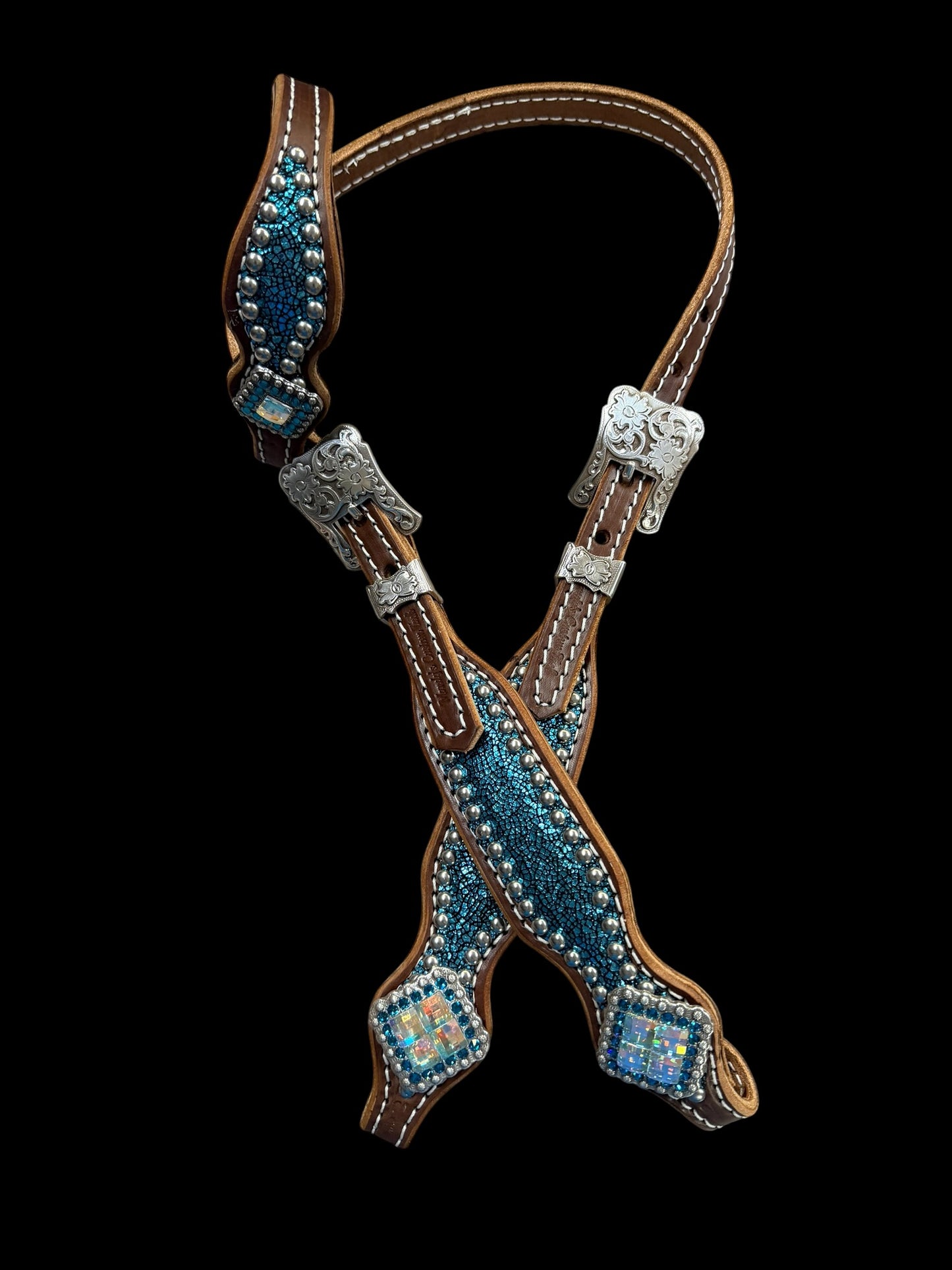 Teal Crackle on Walnut leather