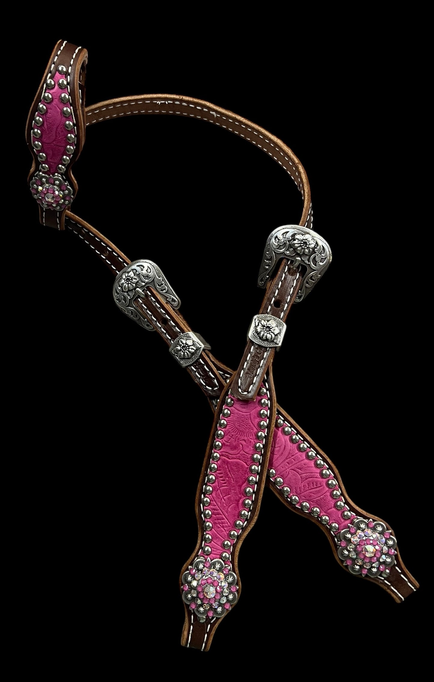 Pink Dallas Floral on walnut leather