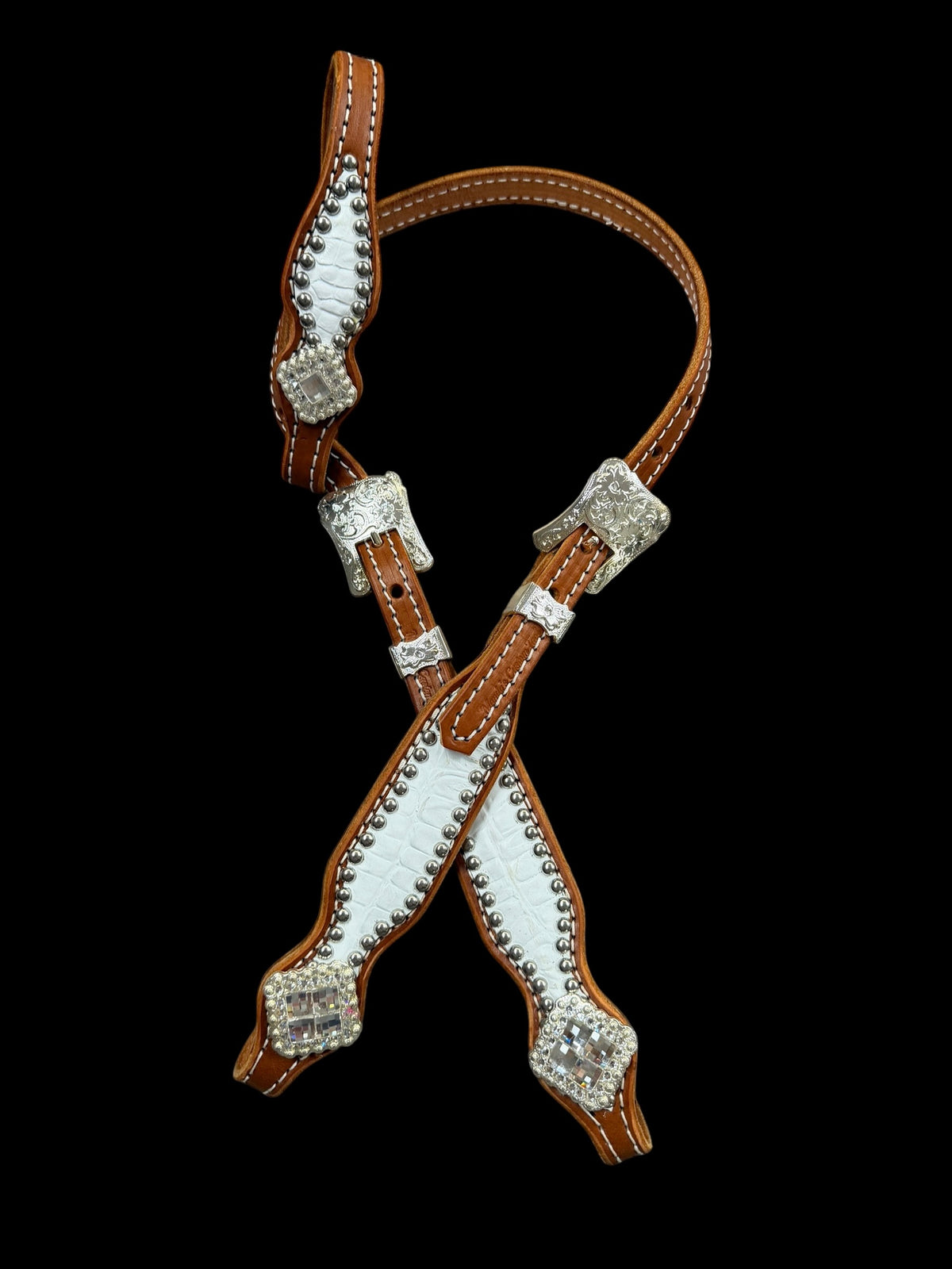 White gator on chestnut leather