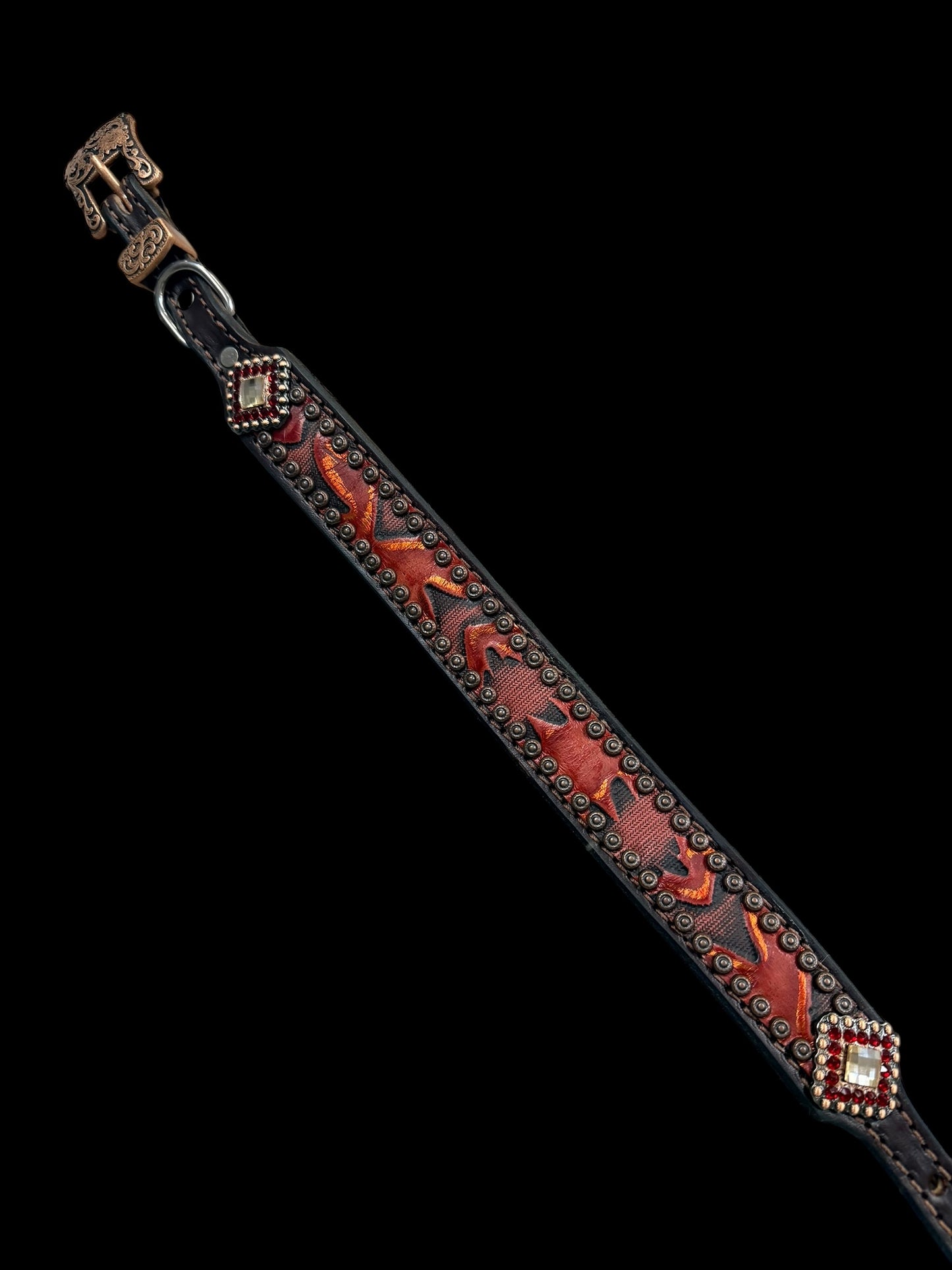 Red and copper Laredo on dark leather