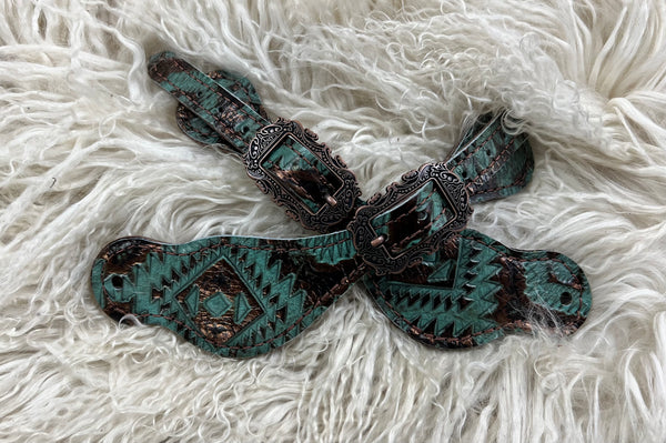 Teal and brown aztec on dark leather