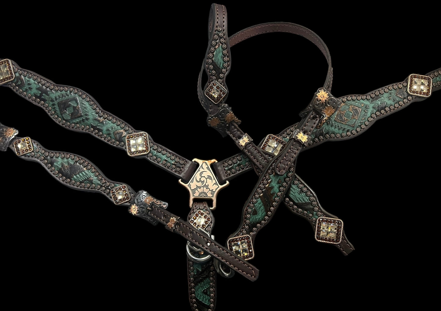 Teal and brown aztec on dark leather