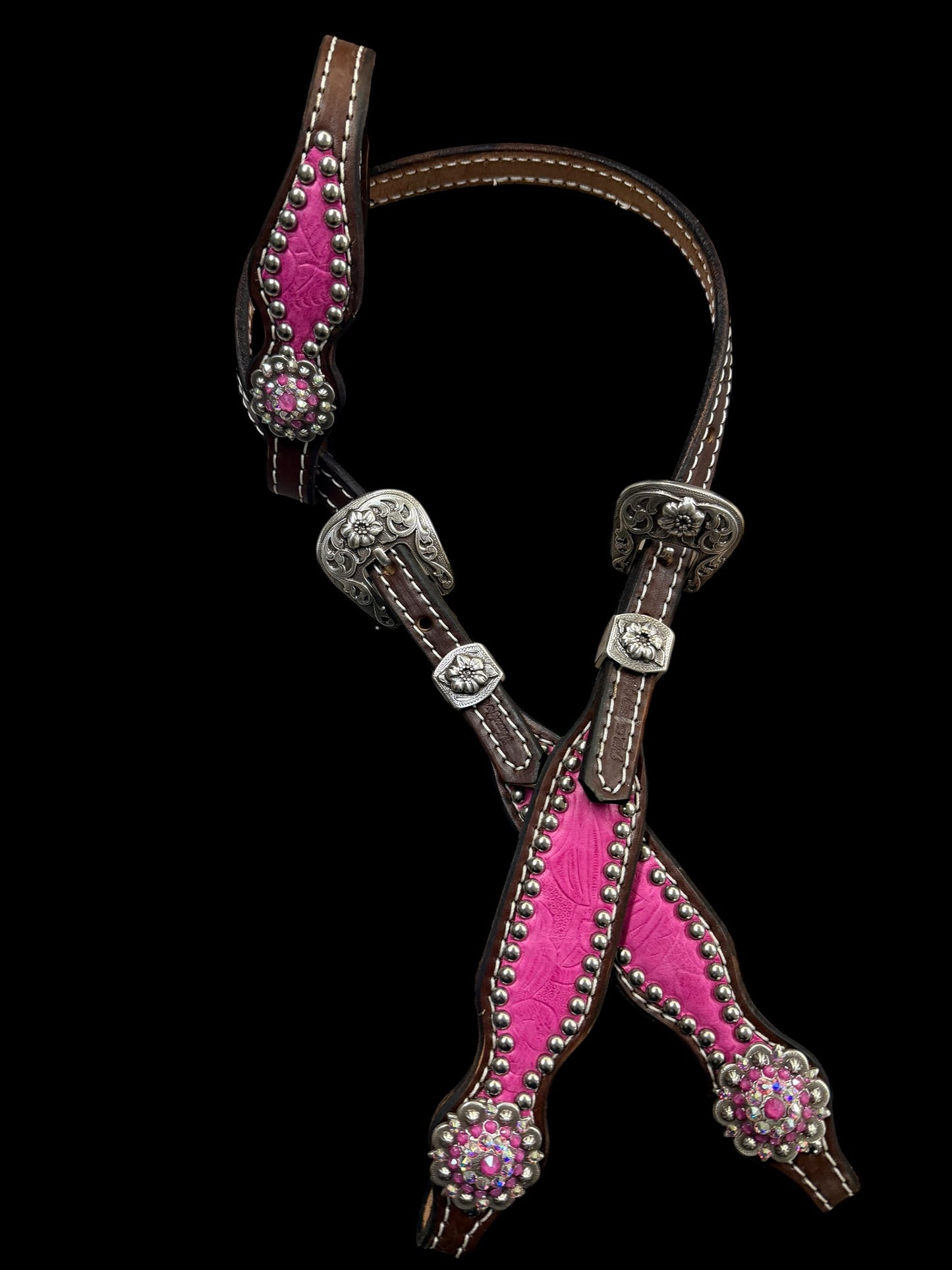 Pink Dallas Floral on walnut leather