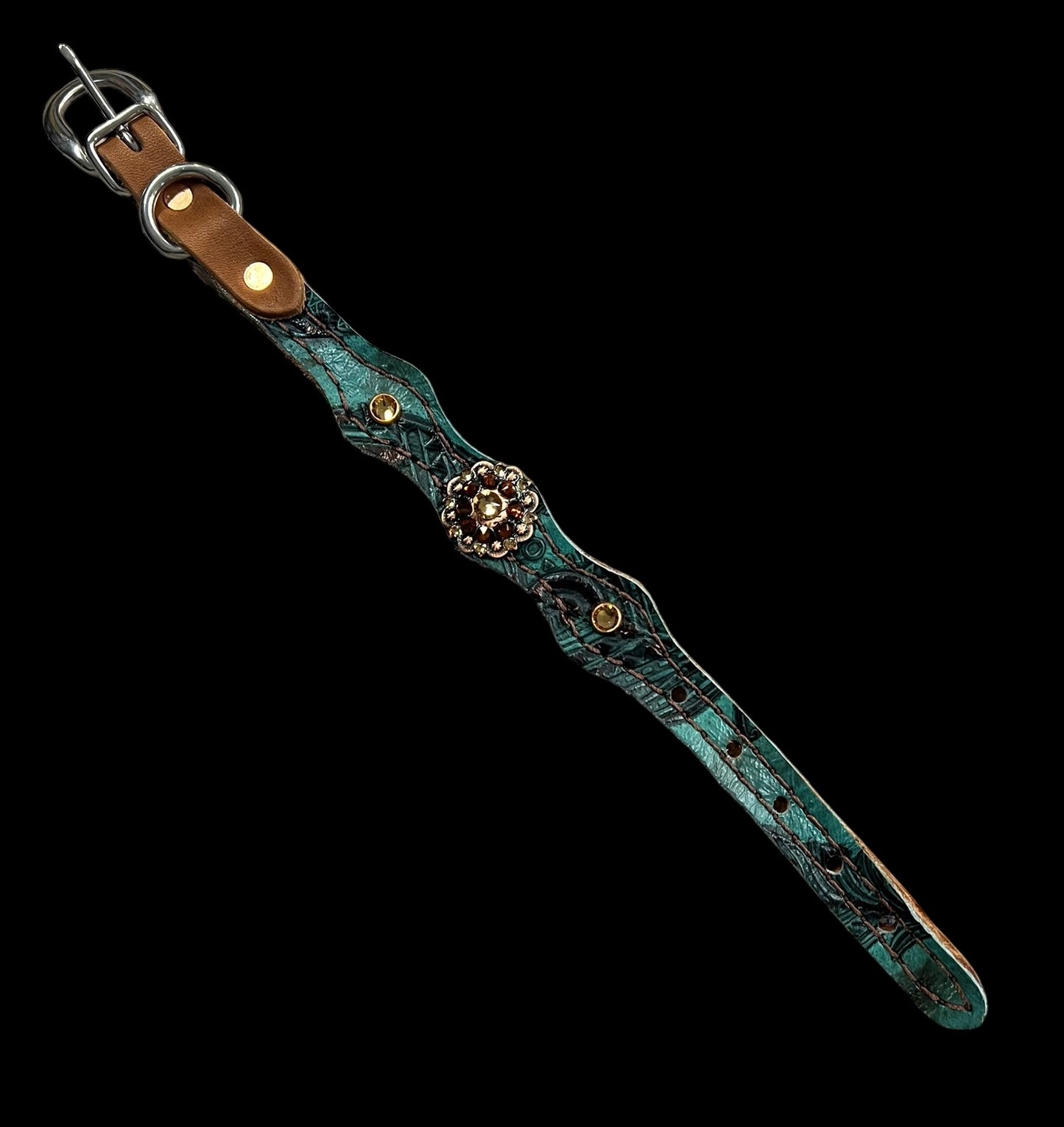 jade feathers on dark leather