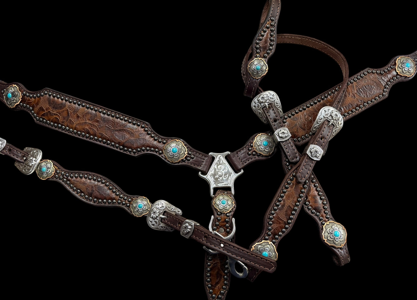 Brown floral on dark leather