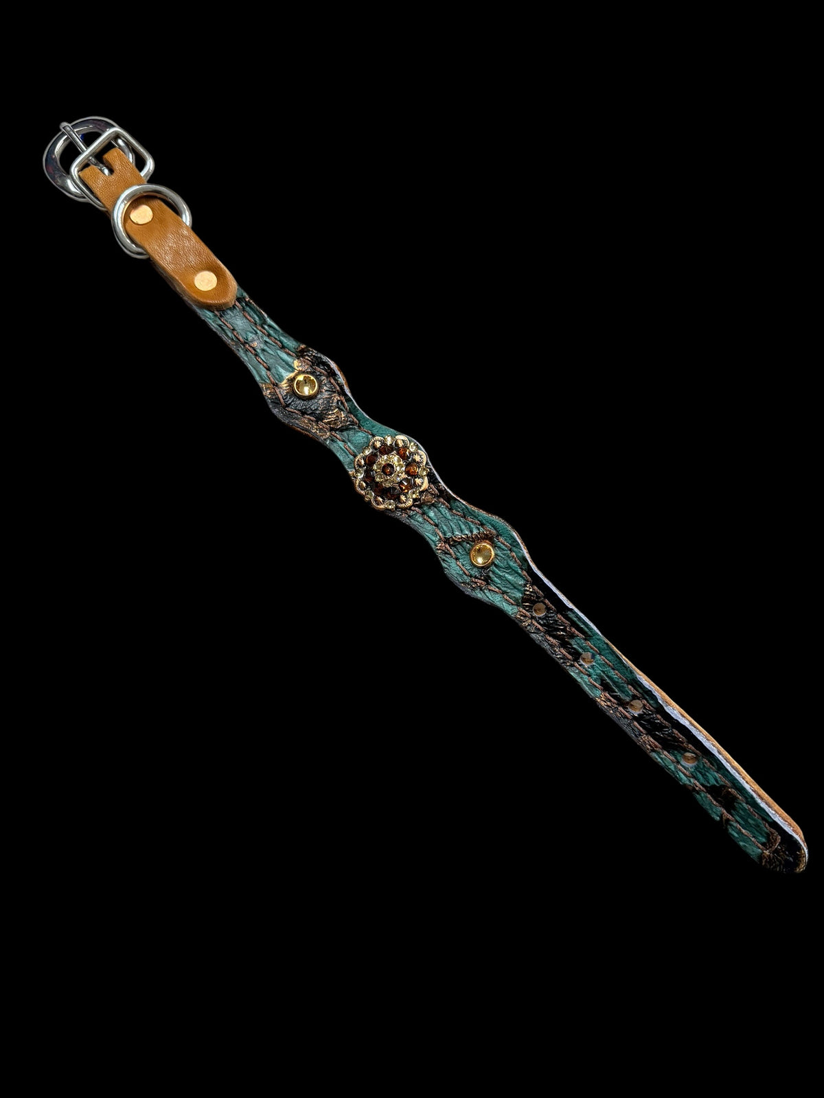 Teal and brown aztec on dark leather