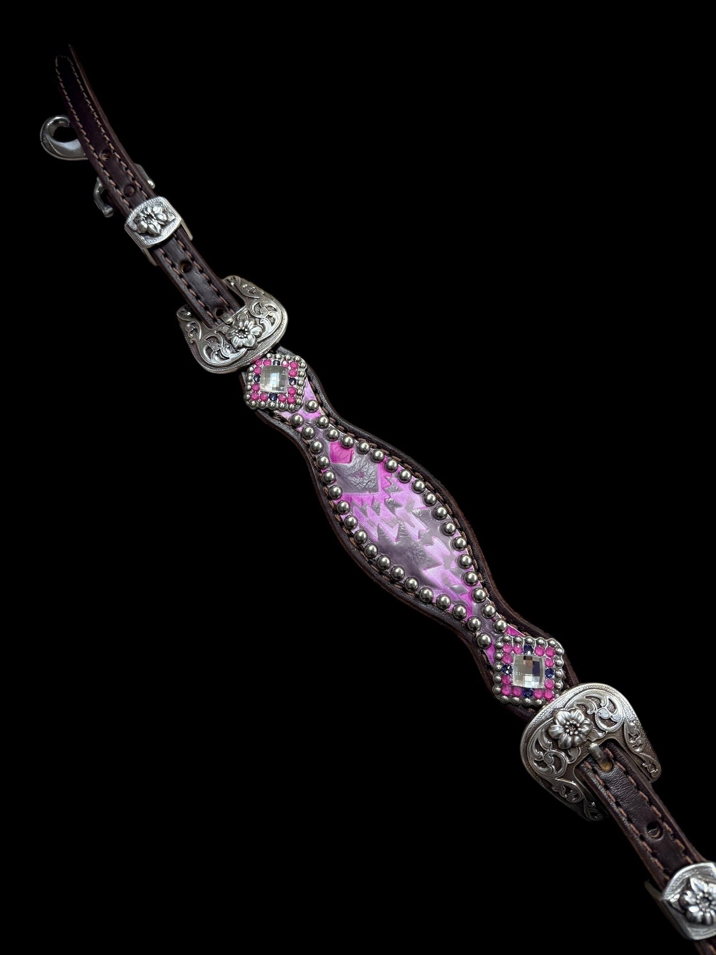 Light pink and purple Aztec on chocolate leather