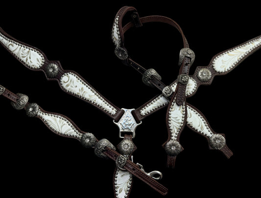 White and silver floral on dark leather