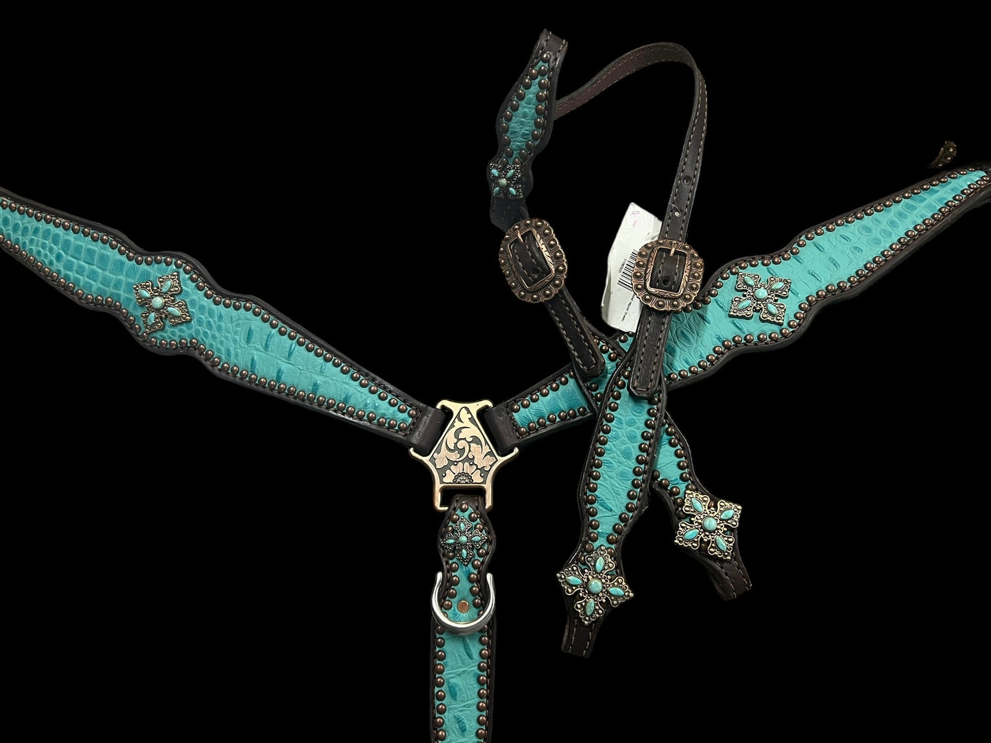 Turquoise gator on dark leather