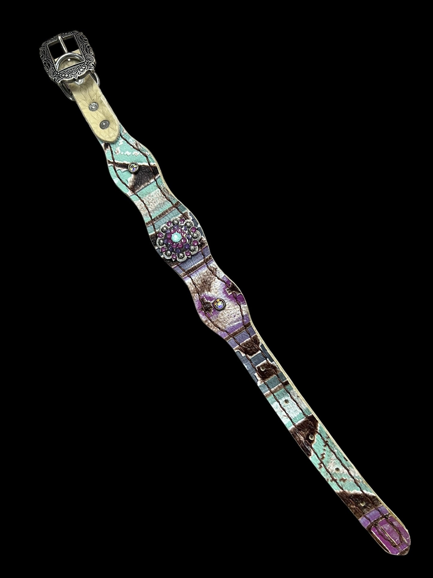 Mint and purple Navajo on dark leather