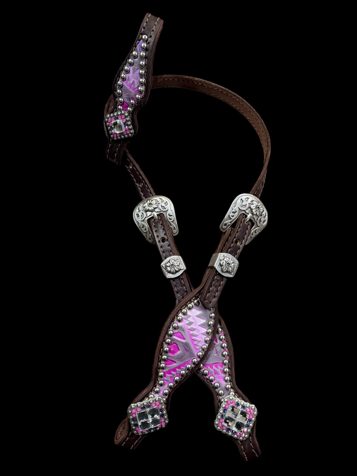 Light pink and purple Aztec on chocolate leather