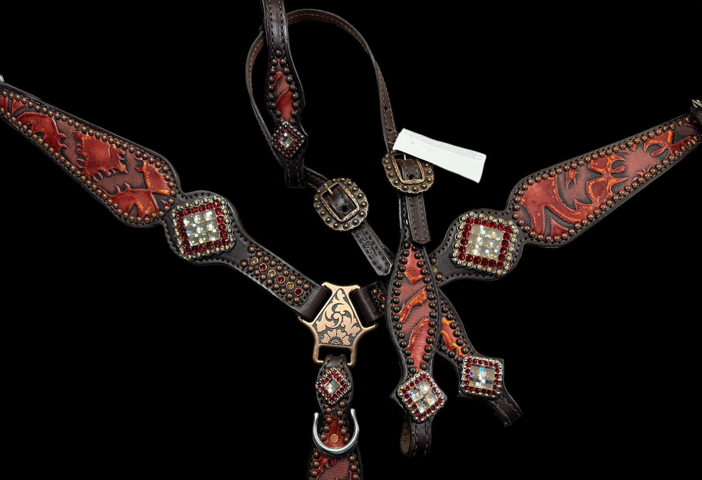 Red and copper Laredo on dark leather