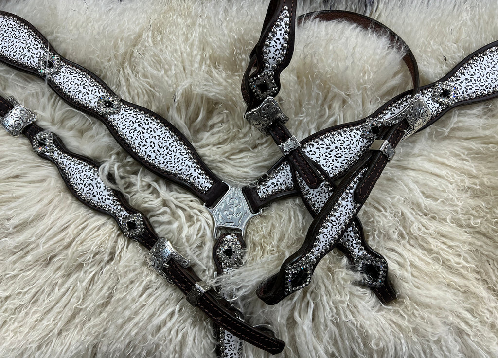 Snow leopard on dark leather