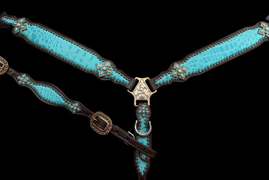 Turquoise gator on dark leather