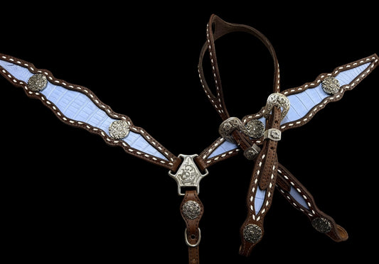 Genuine Periwinkle gator on Walnut leather one ear headstall and breast collar