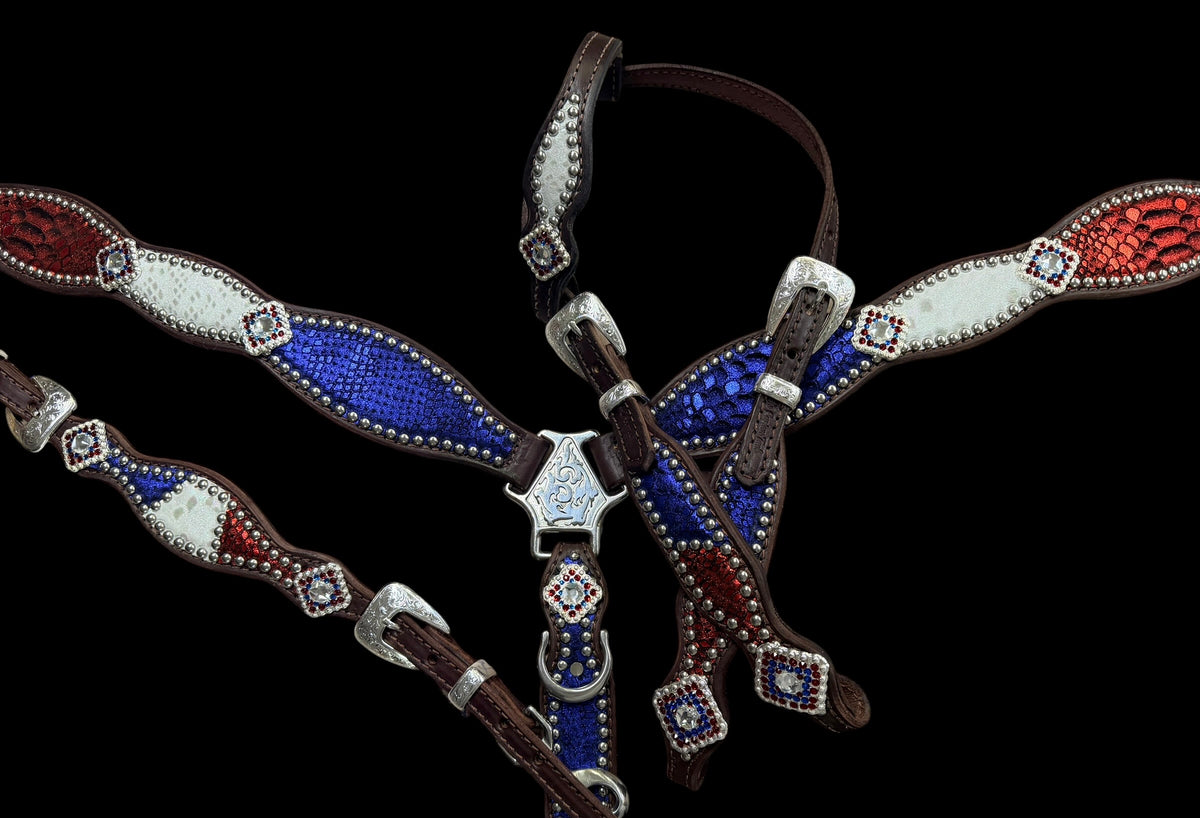 Red, white, and blue mystic on dark