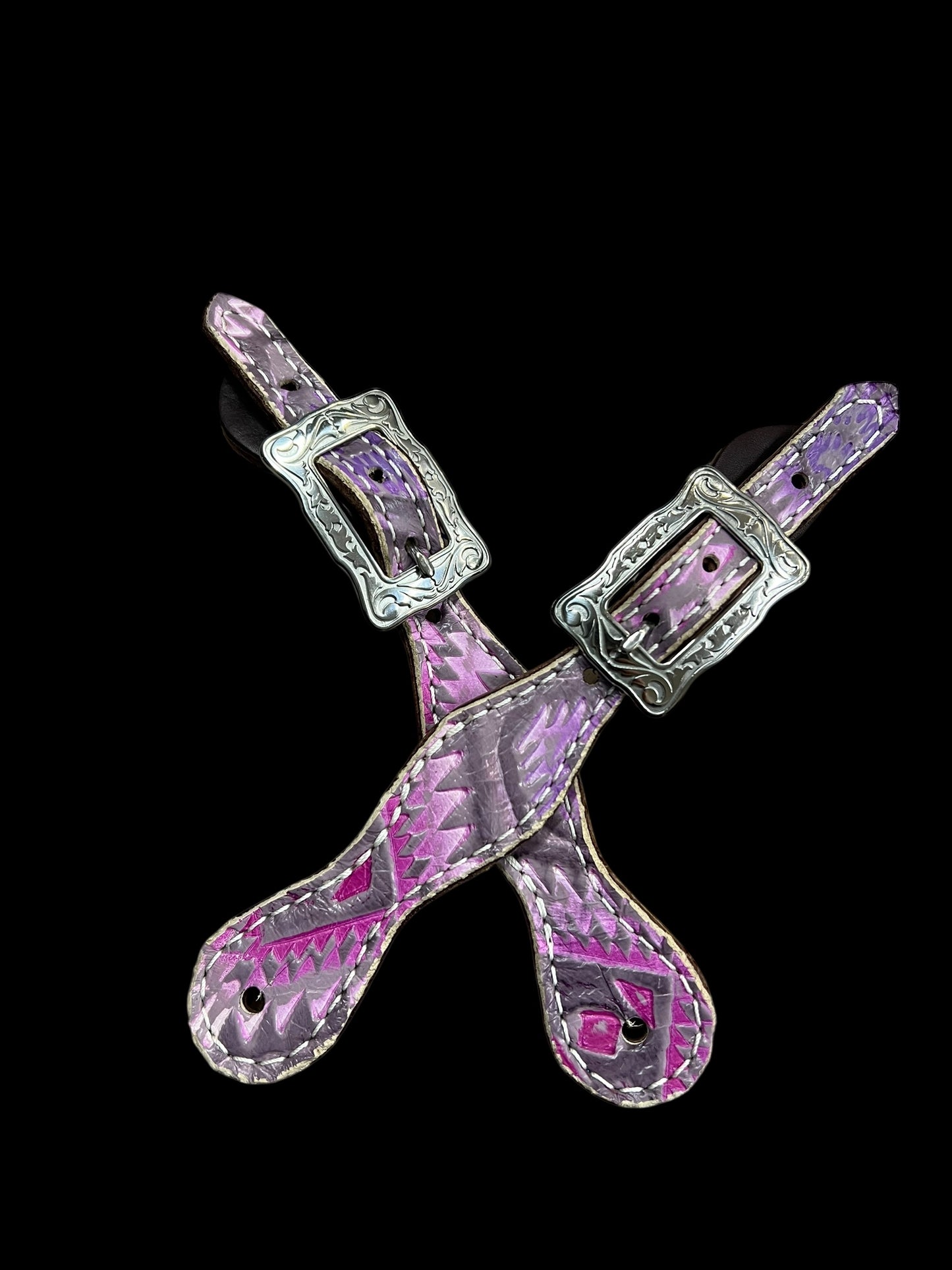 Light pink and purple Aztec on chocolate leather