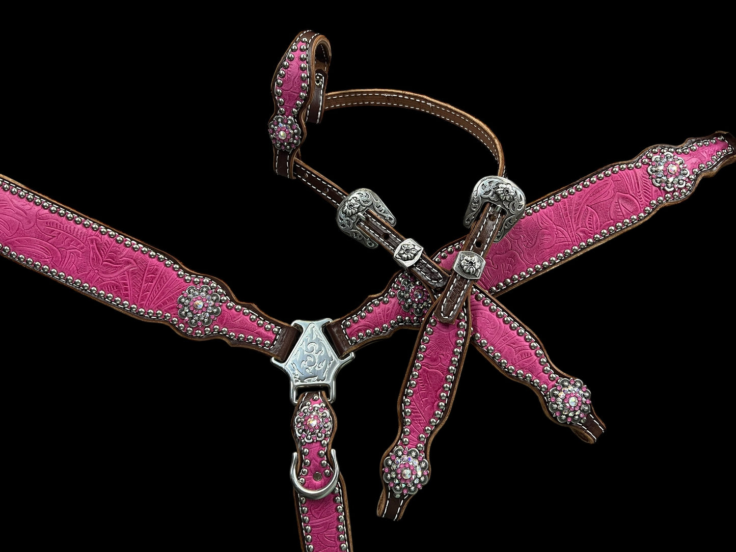 Pink Dallas Floral on walnut leather