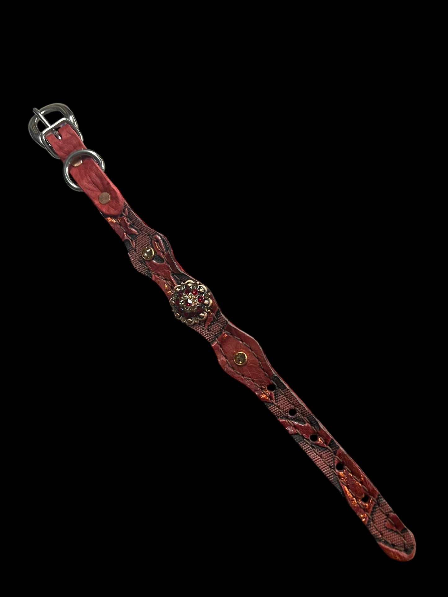 Red and copper Laredo on dark leather