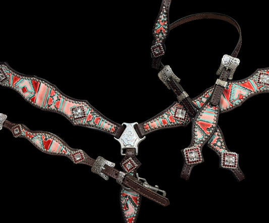 Red and mint navajo on dark leather