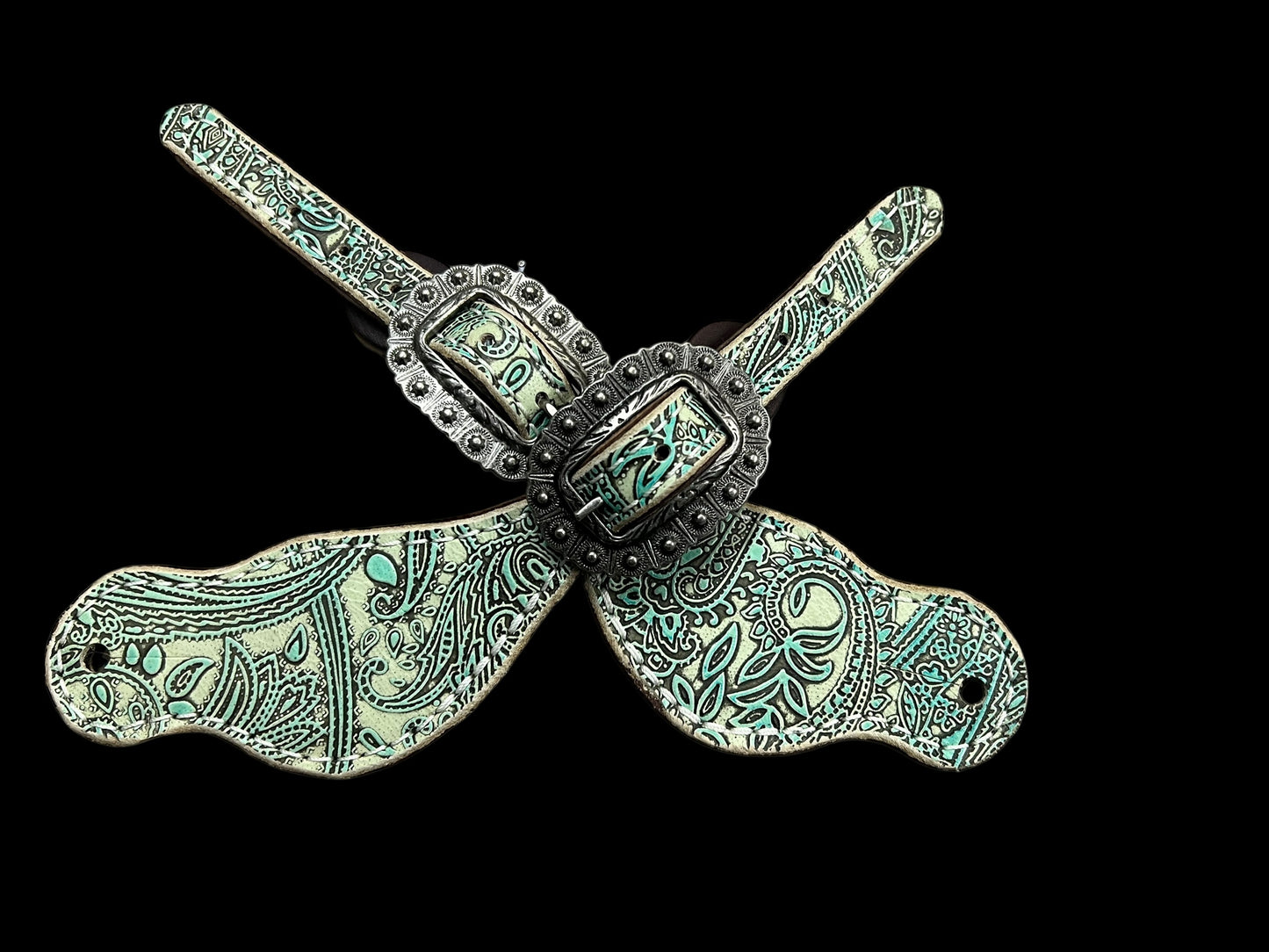 Turquoise and mint paisley on dark leather