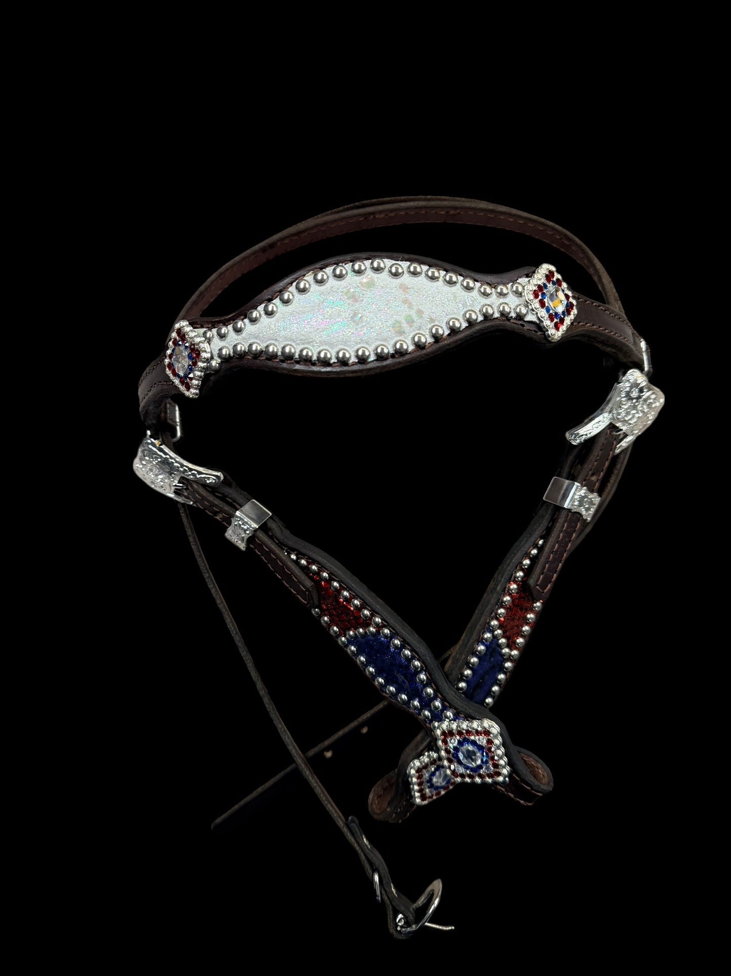 Red, white, and blue mystic on dark