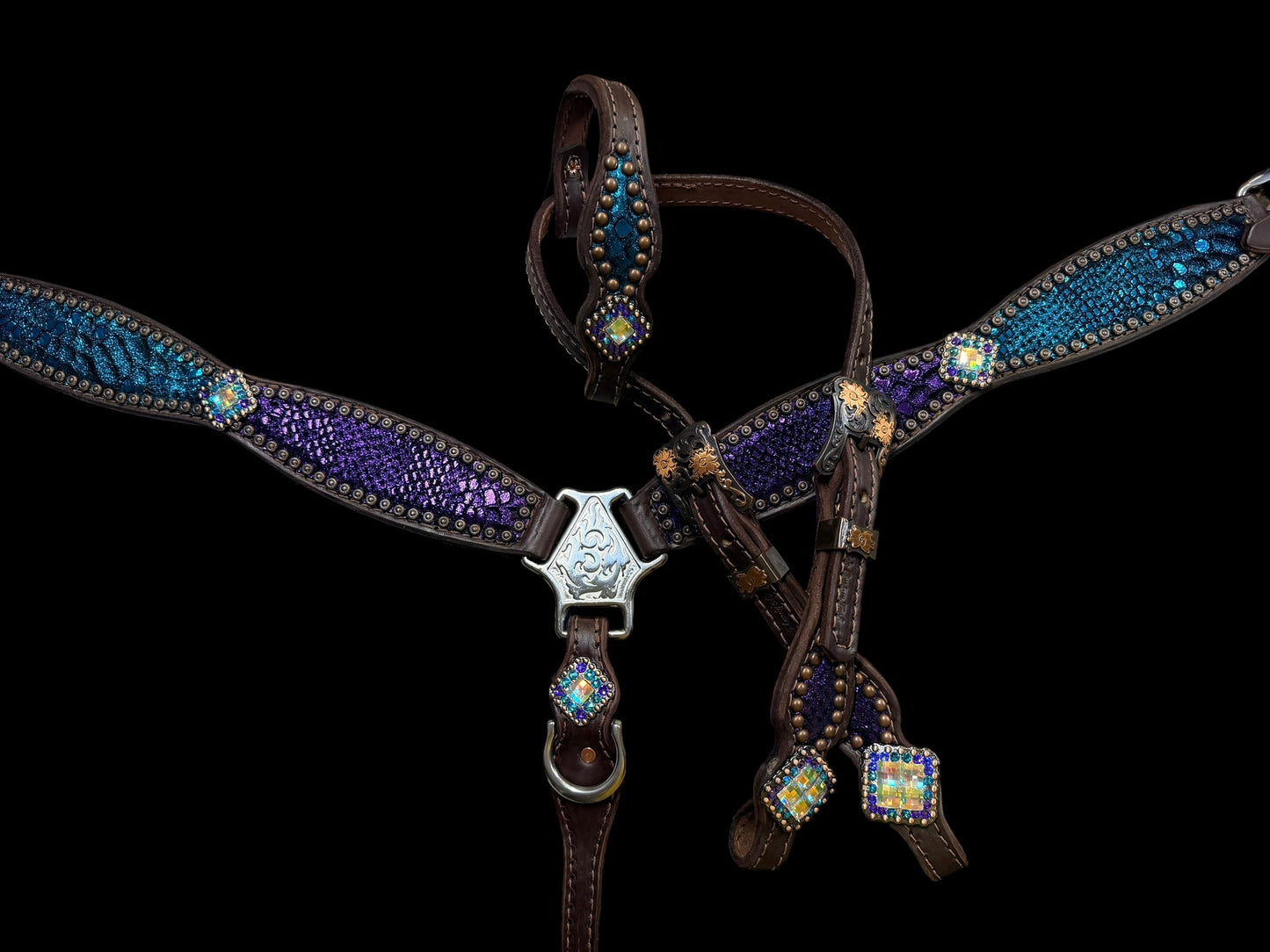 Large pony purple and teal mystic on dark leather