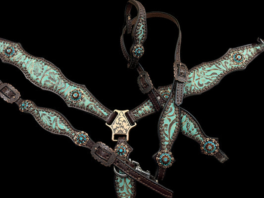 mint and brown floral on dark leather