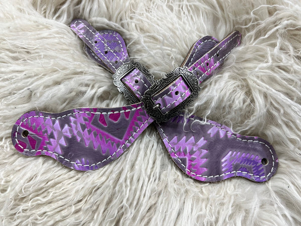 Light pink and purple Aztec on chocolate leather