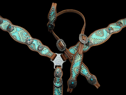 Turquoise aztec on medium  leather