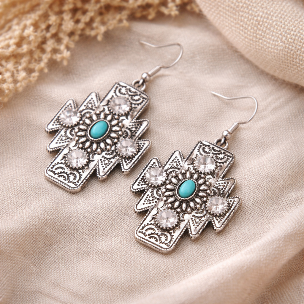 Western Style Aztec Cross Turquoise Stone Dangle Earrings: CLEAR STONE