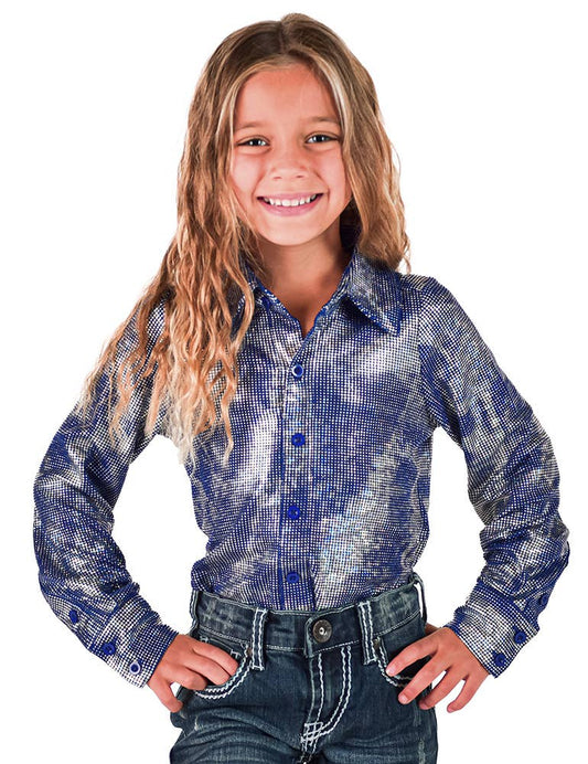 Girls Royal Blue & Silver Iridescent Stretch Lightweight Pullover Button Up