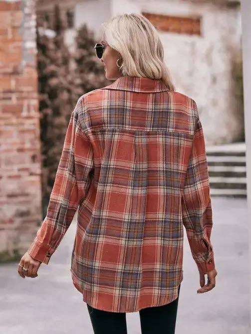 Women’s Caramel Plaid Oversized Flannel Button Down Shirt