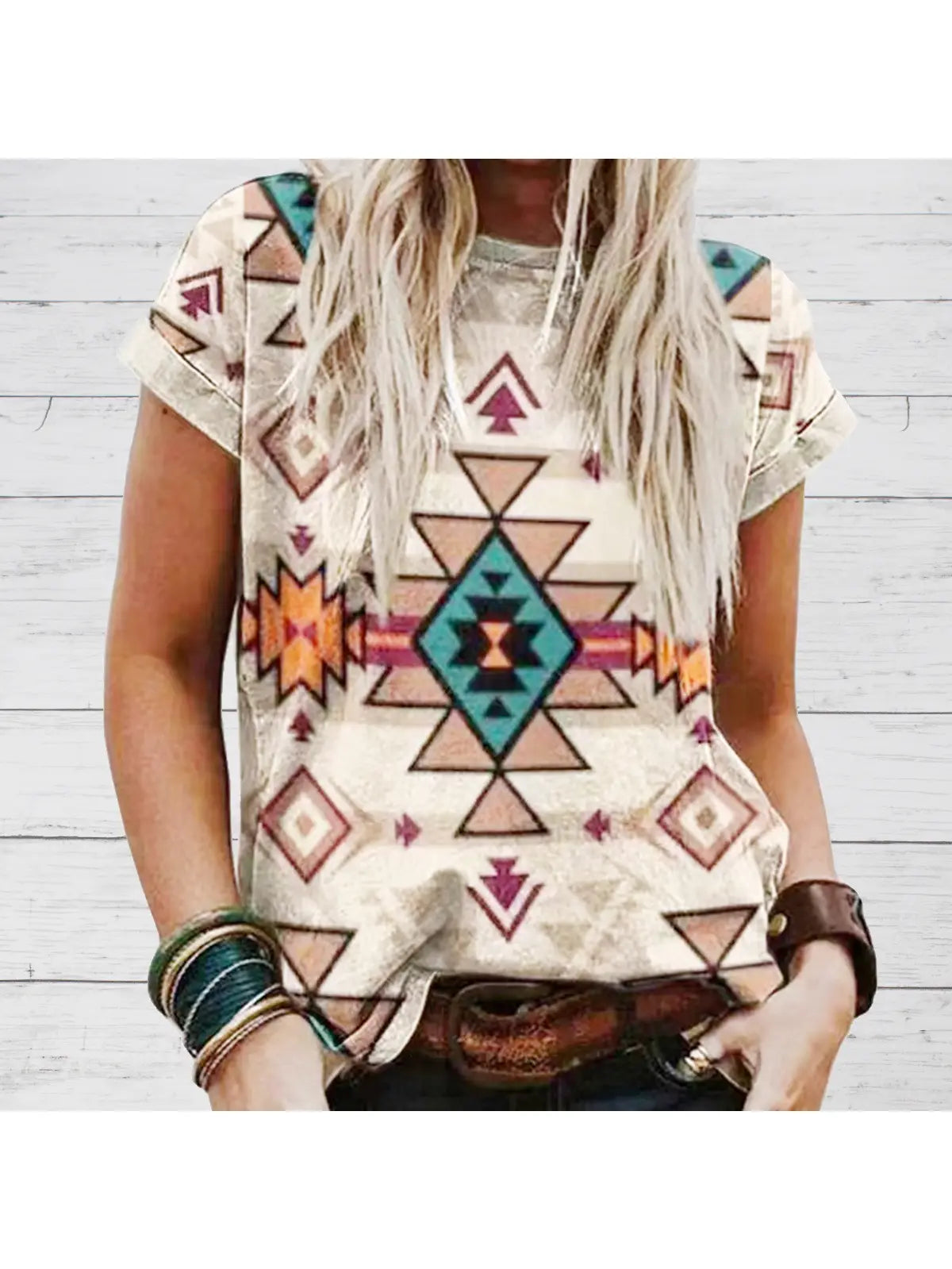 Aztec Pattern, Crew Neck Short Sleeve Western Summer T-Shirt - Cream