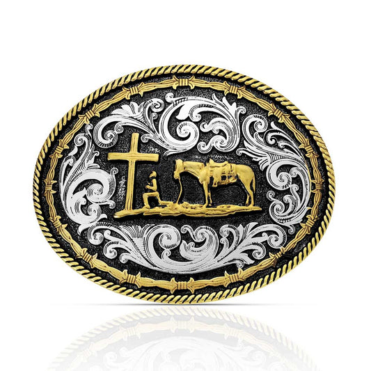 Two tone Rope & Barbed Wire Classic Impressions Christian Cowboy Attitude Buckle