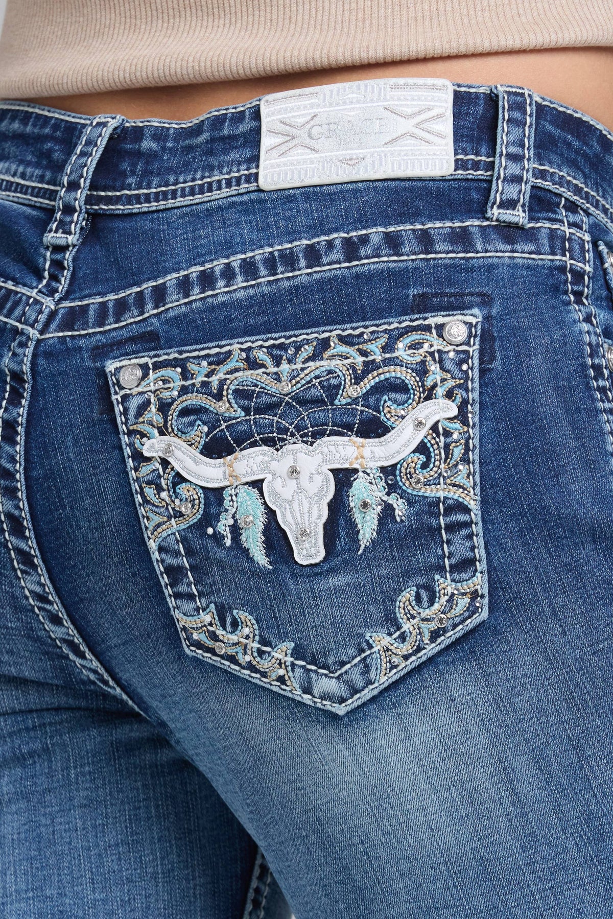 Steer Head Embroidery Mid-Rise Boot Cut 32" inseam
