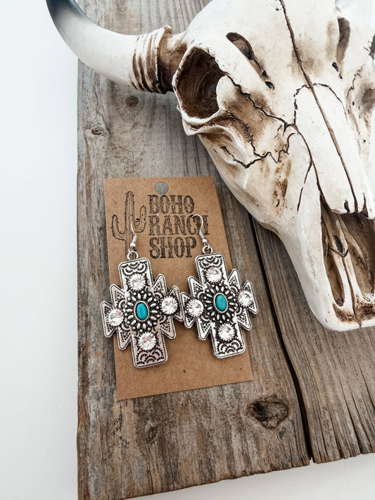 Western Style Aztec Cross Turquoise Stone Dangle Earrings: CLEAR STONE
