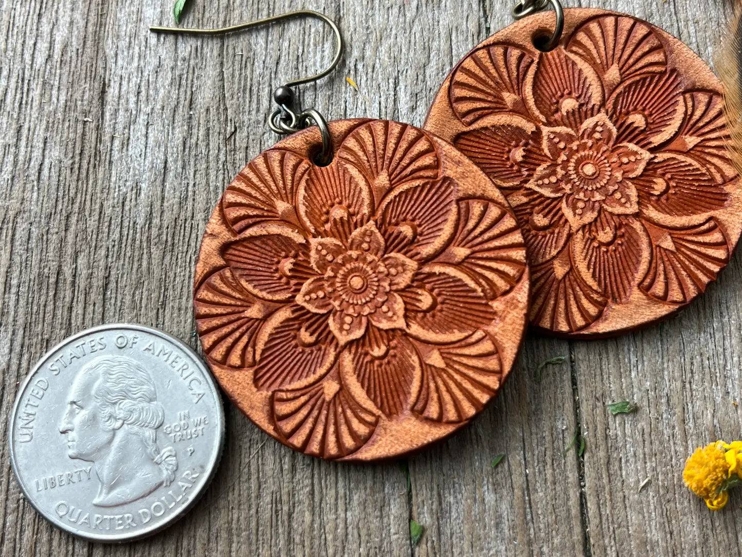 Hand Tooled Leather Mandala Earrings