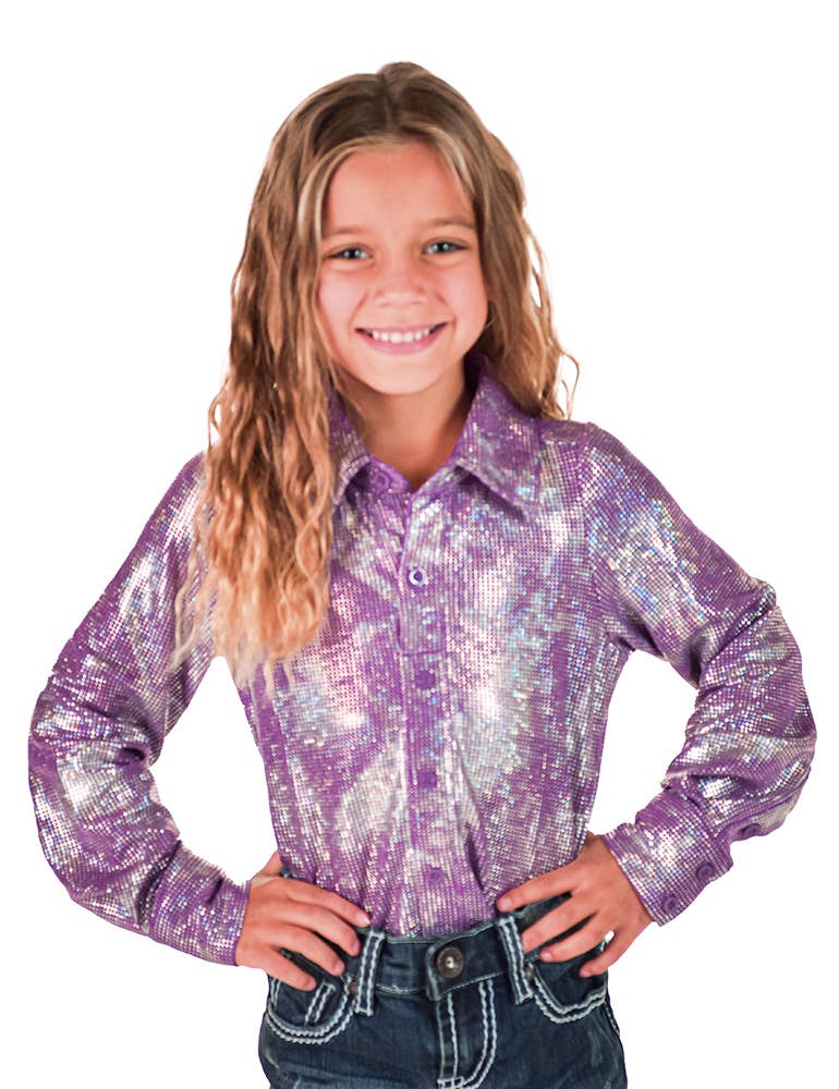 Girls Lavendar & Silver Iridescent Stretch Lightweight Pullover Button Up