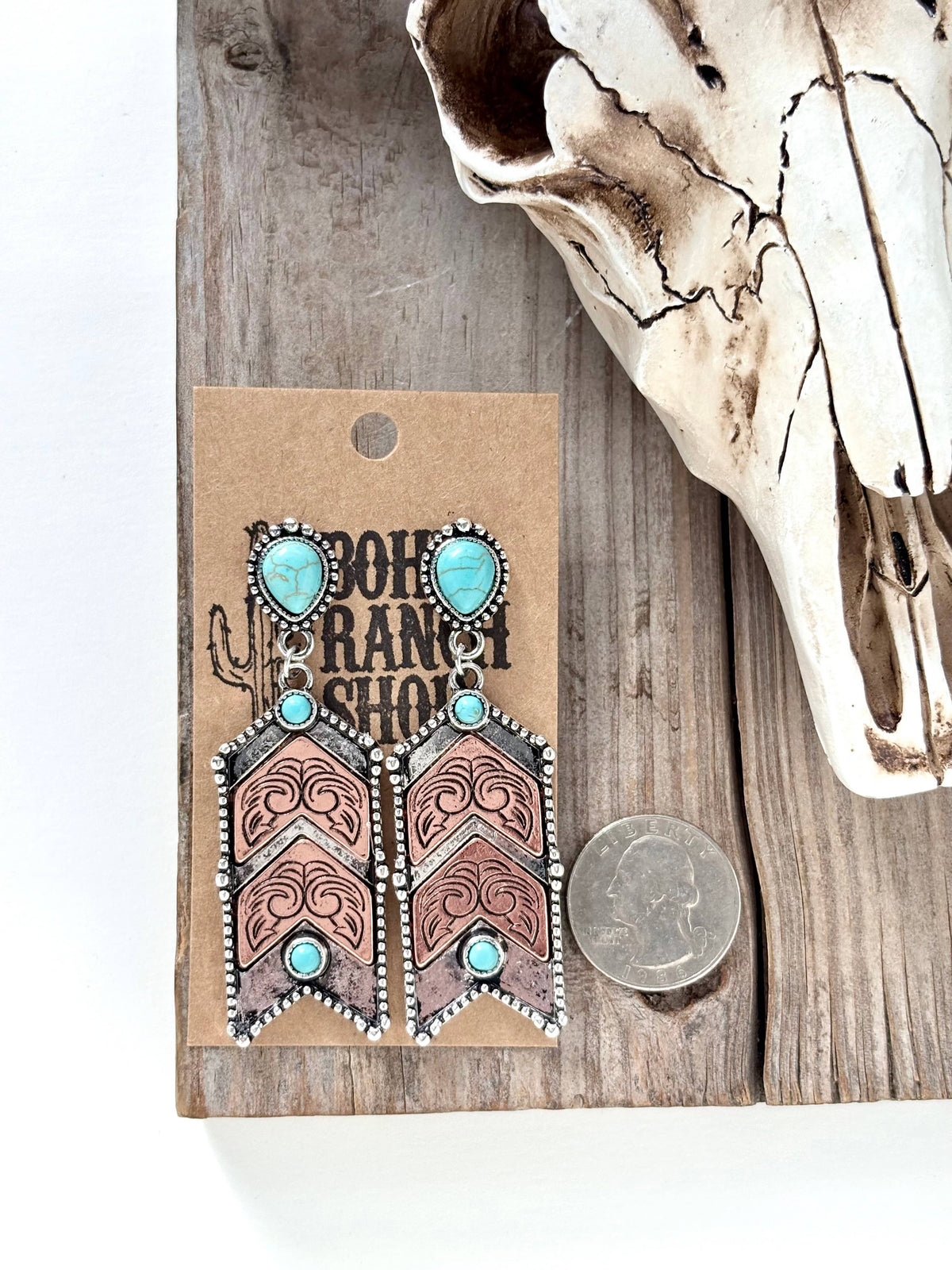 Western Style Turquoise Stone Chevron Dangle Earrings: Turquoise