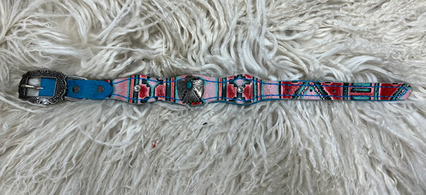 Red and mint navajo on dark leather