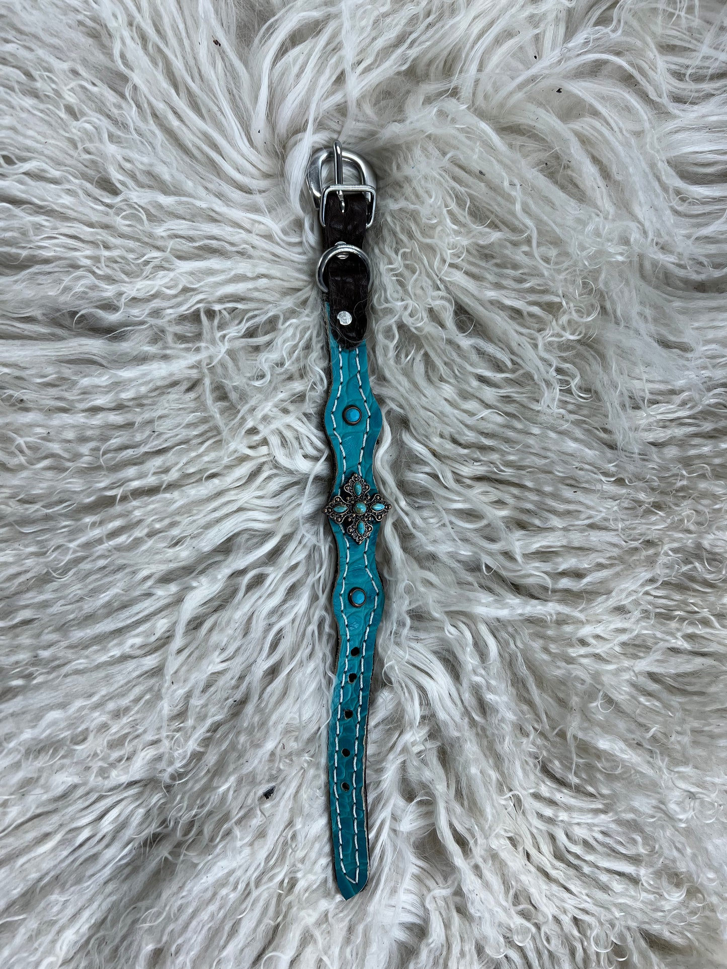 Turquoise gator on dark leather